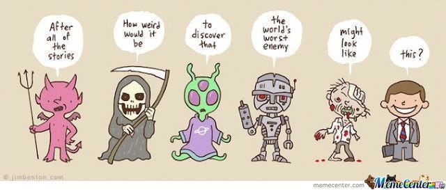 Comic strip: after picturing a devil, death, an alien, a robot and a zombie, the world’s worst enemy turns out to be an ordinary man