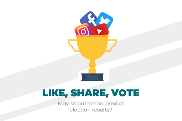 Illustration of a trophy filled with social media icons under the question ‘Like, share, vote: may social media predict election results?’