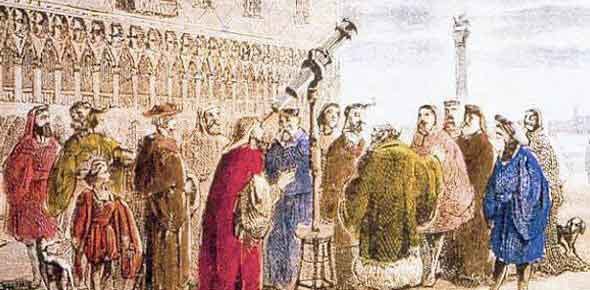 Renaissance painting of a crowd gathered in a public square around a stone column