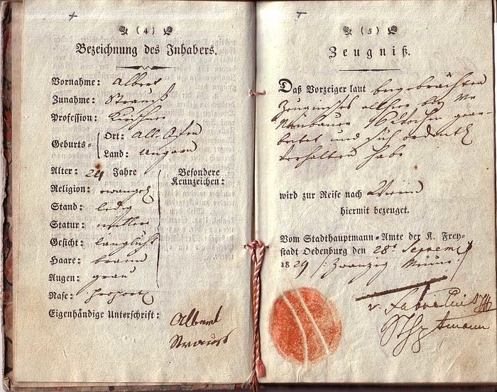 Páginas manuscritas e seladas de um Wanderbuch do século XIX, caderneta que atestava o ofício e a reputação de um artesão viajante