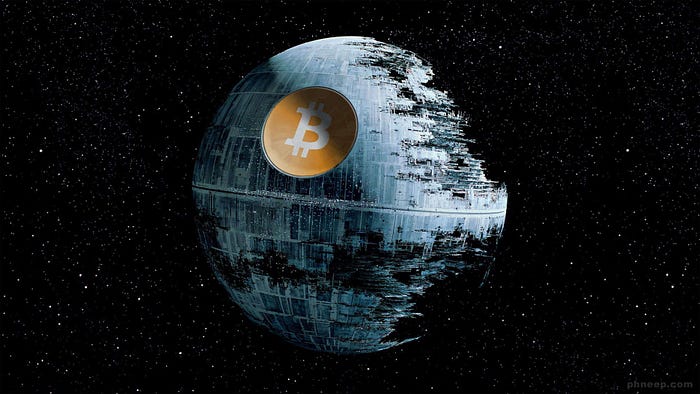 The Death Star with the Bitcoin logo in place of its superlaser, illustrating the concentration of power among miners