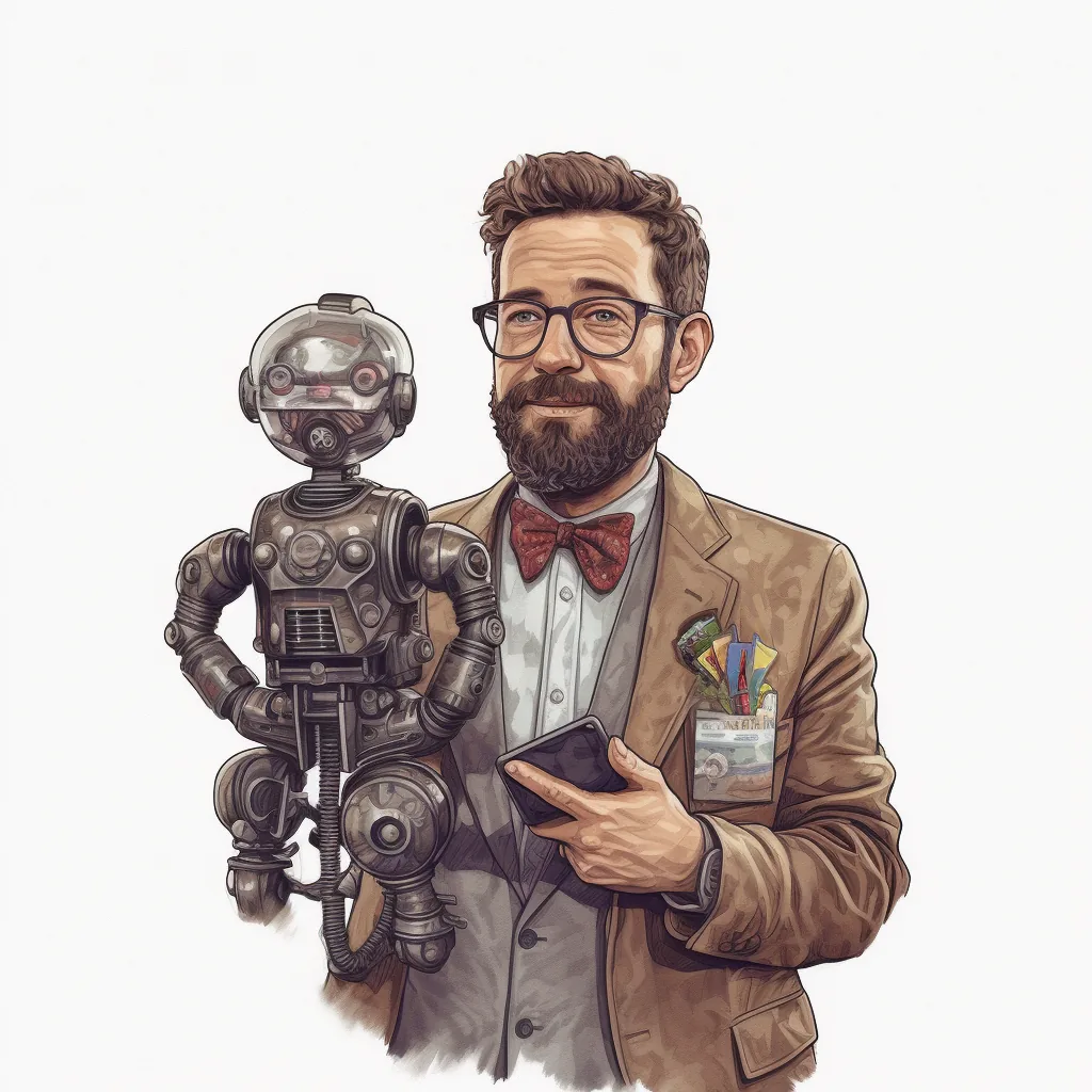 Criado com o midjourney, com o prompt “85mm portrait of journalist with microfone and holding his robot talking”.
